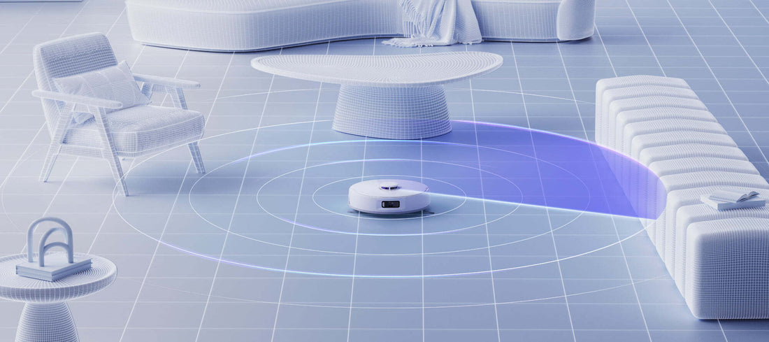 Alt-text (Swedish): Robotdammsugare rengör golv effektivt med smart navigering.