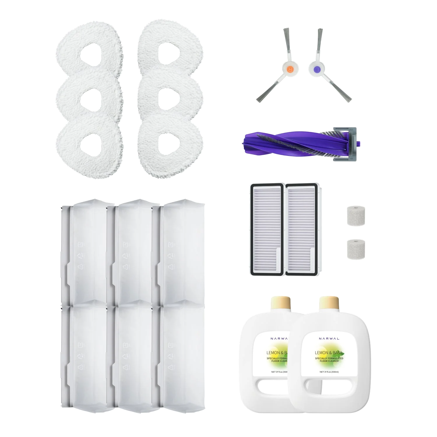 Tillbehörskit till Narwal Freo X Ultra robotdammsugare med moppar, filter, sidoborstar och rengöringsvätska för optimal prestanda och underhåll.