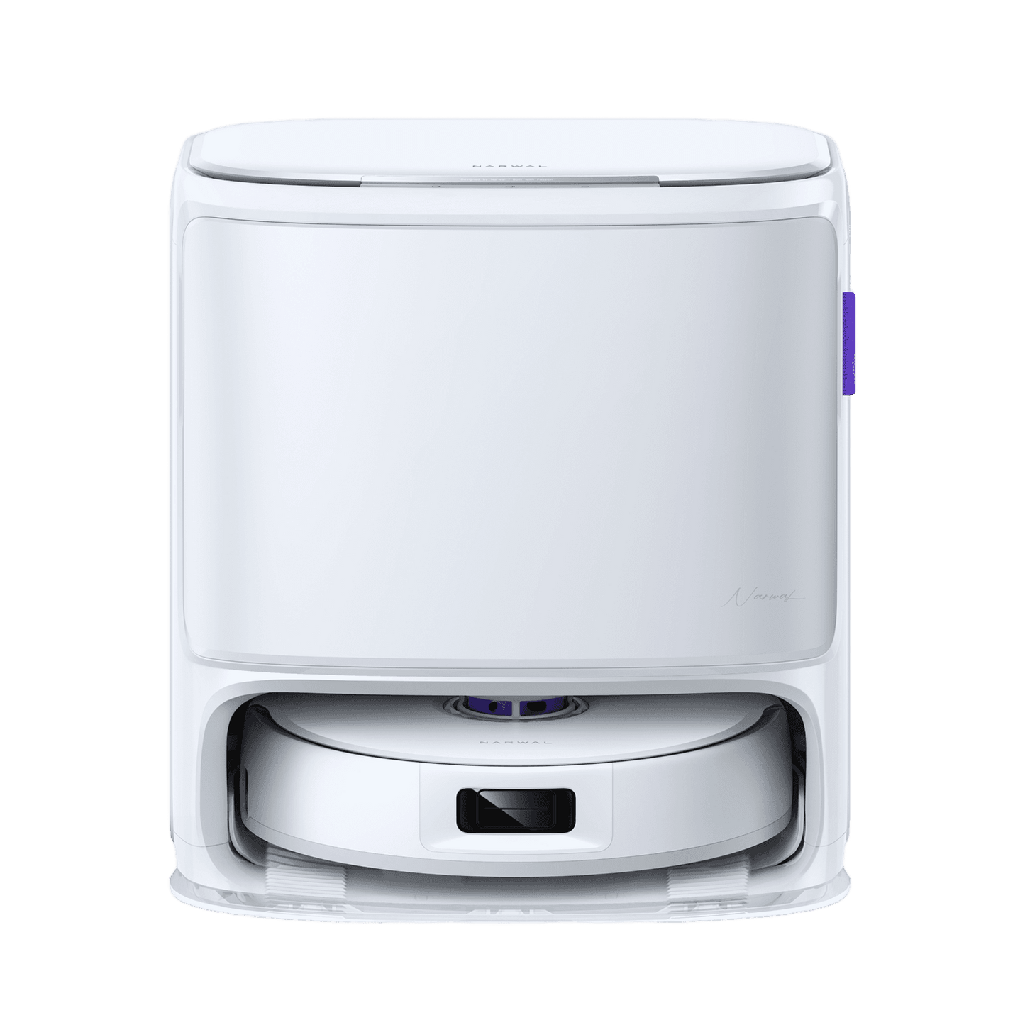 Narwal Freo Z10 robotdammsugare i vit dockningsstation, perfekt för trasselfri hemstädning med hög sugkraft.