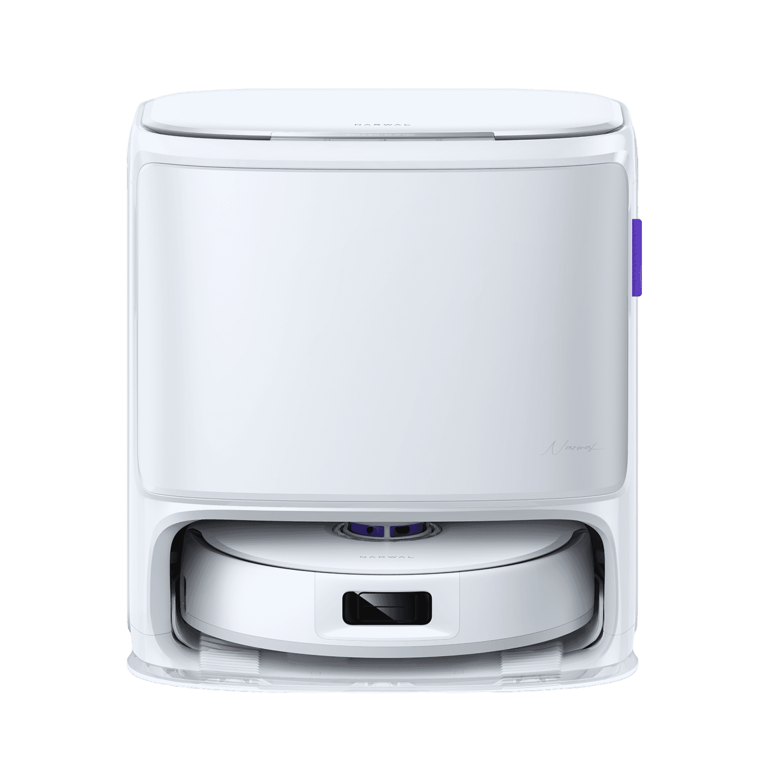 Narwal Freo Z10 robotdammsugare i vit dockningsstation, perfekt för trasselfri hemstädning med hög sugkraft.