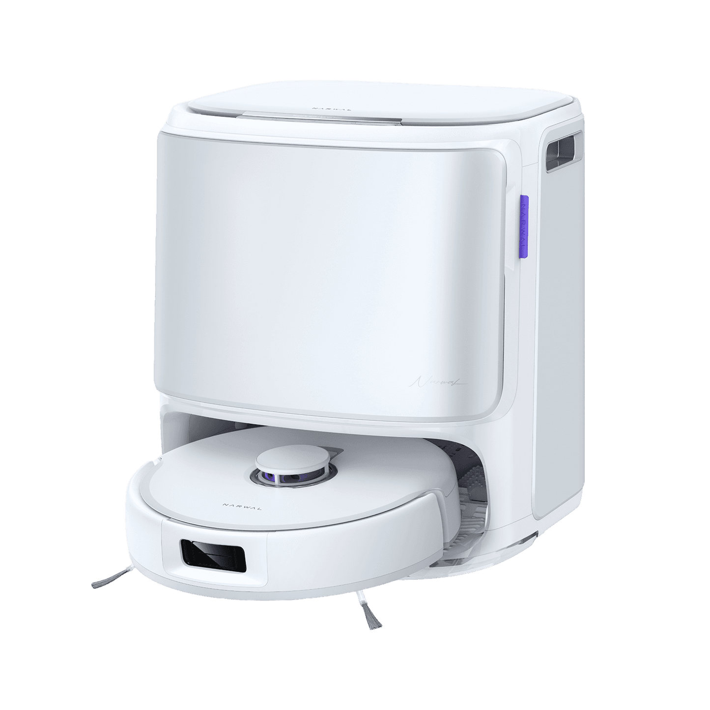 Narwal Freo Z10 robotdammsugare på väg ut från sin station, optimerad för kraftfull och trasselfri hemstädning.