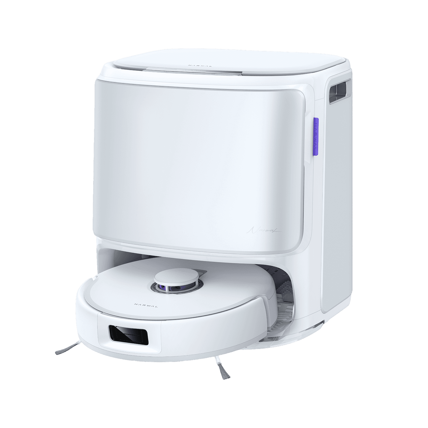 Narwal Freo Z10 robotdammsugare på väg ut från sin station, optimerad för kraftfull och trasselfri hemstädning.