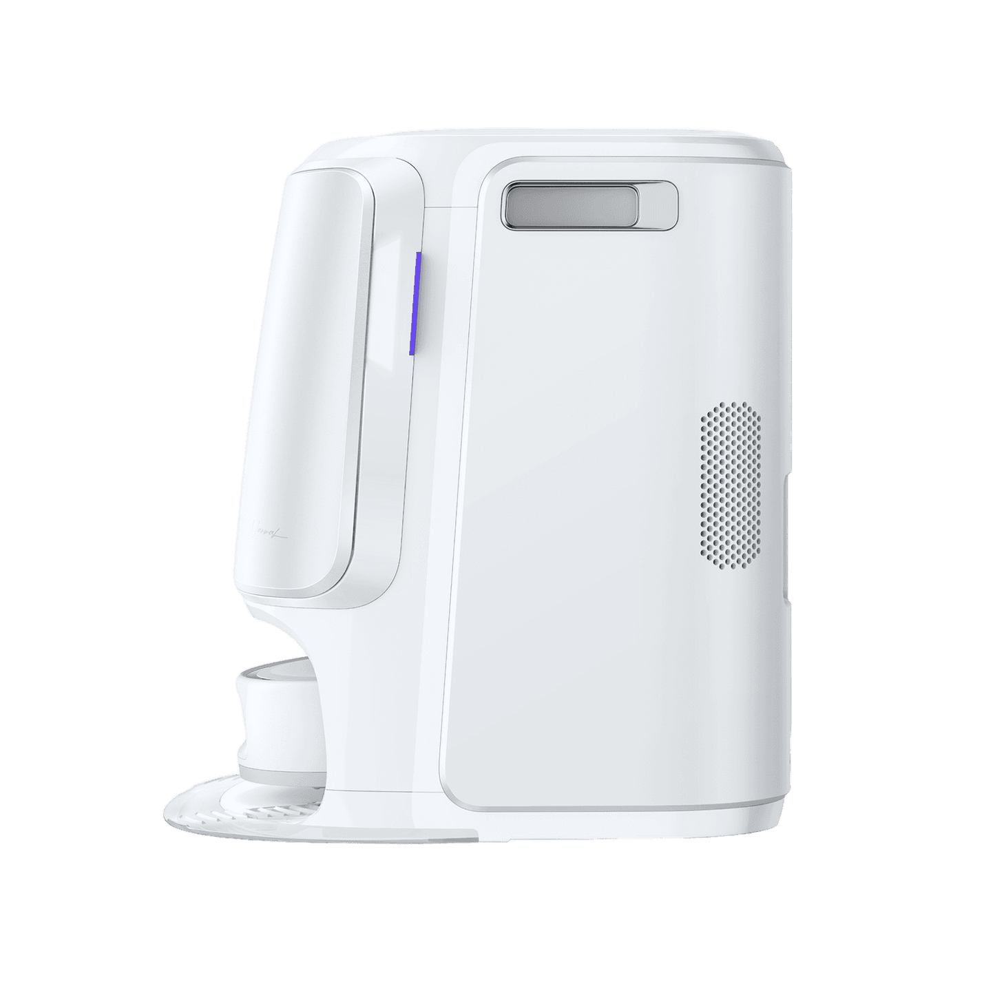 Narwal Freo Z10 robotdammsugare visad från vänster sida i sin station, kompakt design för hushållsapparater.