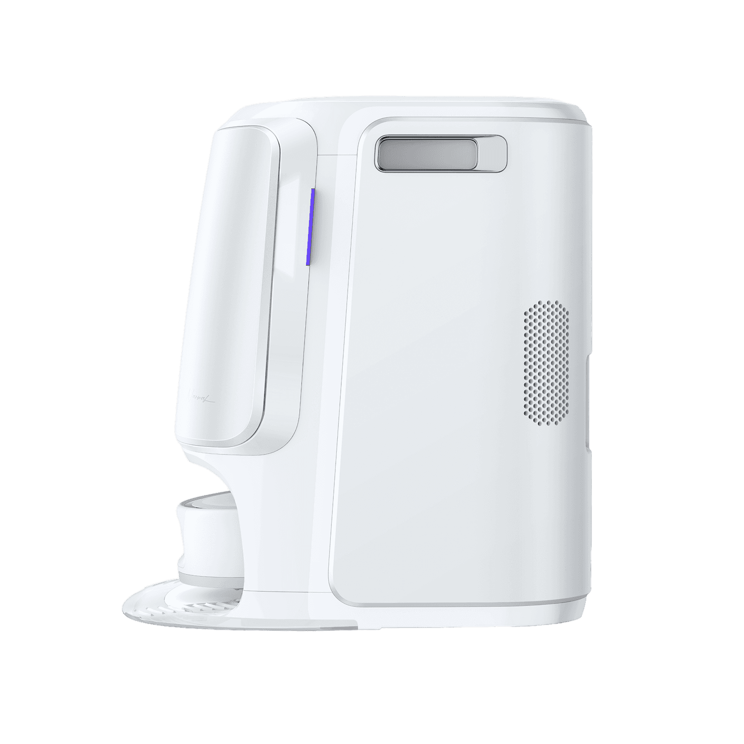 Narwal Freo Z10 robotdammsugare visad från vänster sida i sin station, kompakt design för hushållsapparater.