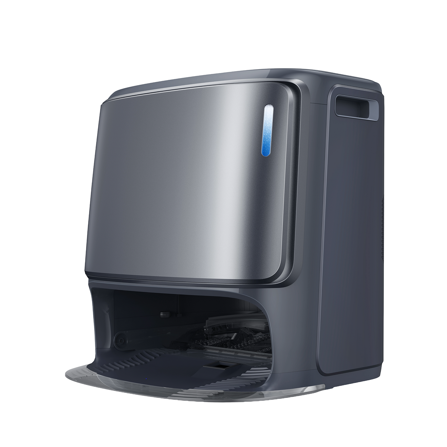 Narwal Freo Z Ultra Demo AI dammsugare med öppen dockningsstation, visar intern rengöringsmekanism och smart förvaring för självrengöring.