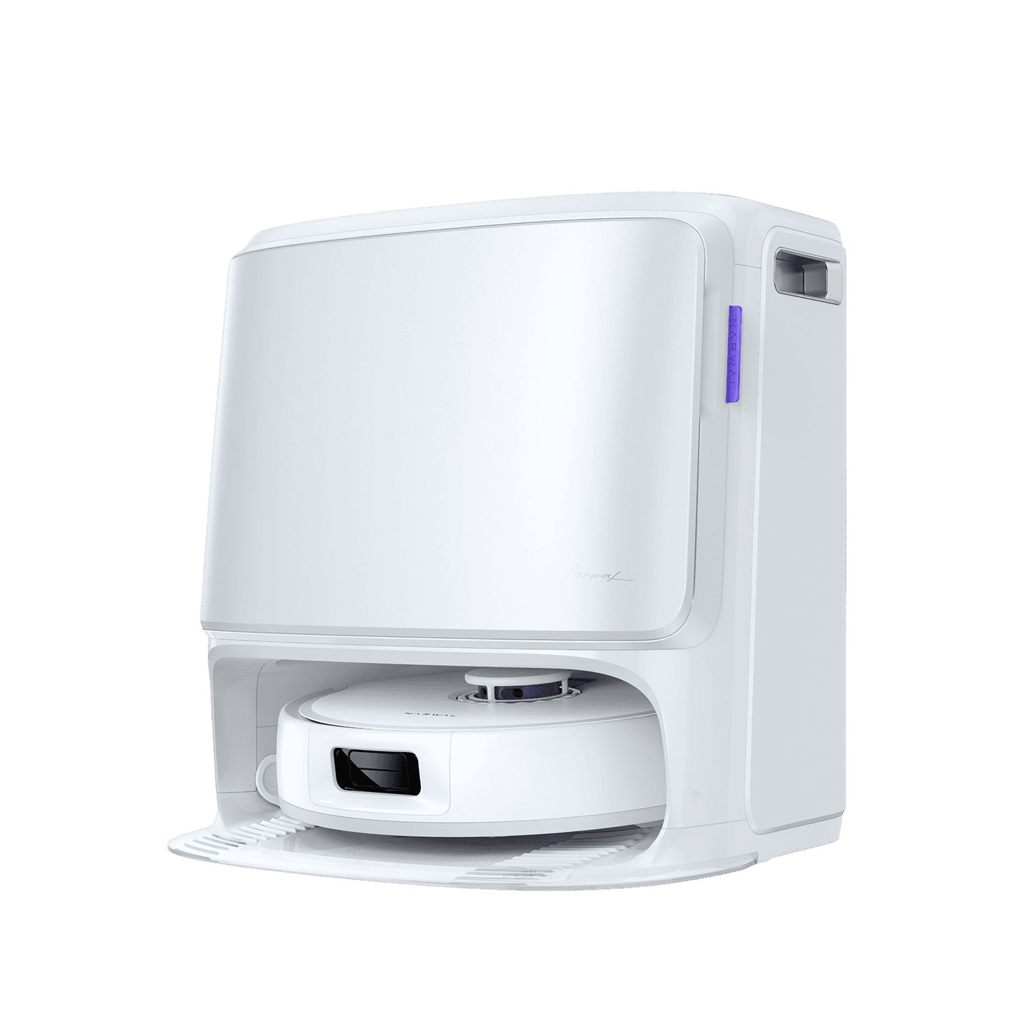 Narwal Freo Z10 robotdammsugare i elegant vit design, visad från sned vinkel i sin självrengörande station.