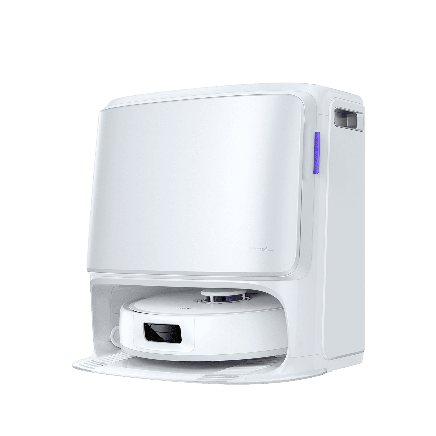 Narwal Freo Z10 robotdammsugare i elegant vit design, visad från sned vinkel i sin självrengörande station.