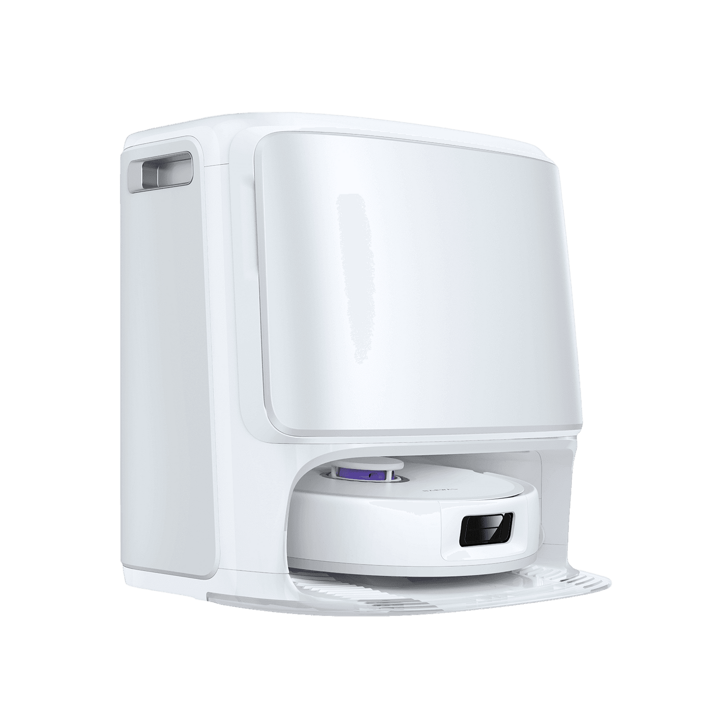 Narwal Freo Z10 robotdammsugare i vit station, visad från höger sida, idealisk för hörnstädning utan trassel.