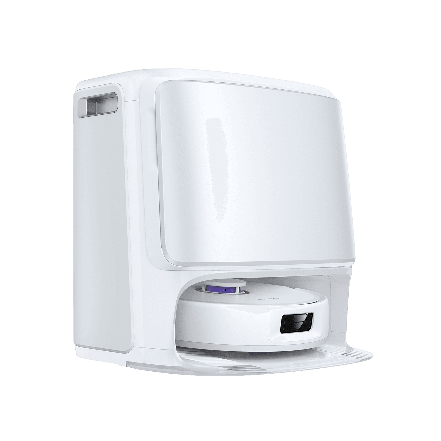 Narwal Freo Z10 robotdammsugare i vit station, visad från höger sida, idealisk för hörnstädning utan trassel.