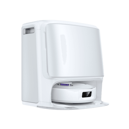 Narwal Freo Z10 robotdammsugare i vit station, visad från höger sida, idealisk för hörnstädning utan trassel.