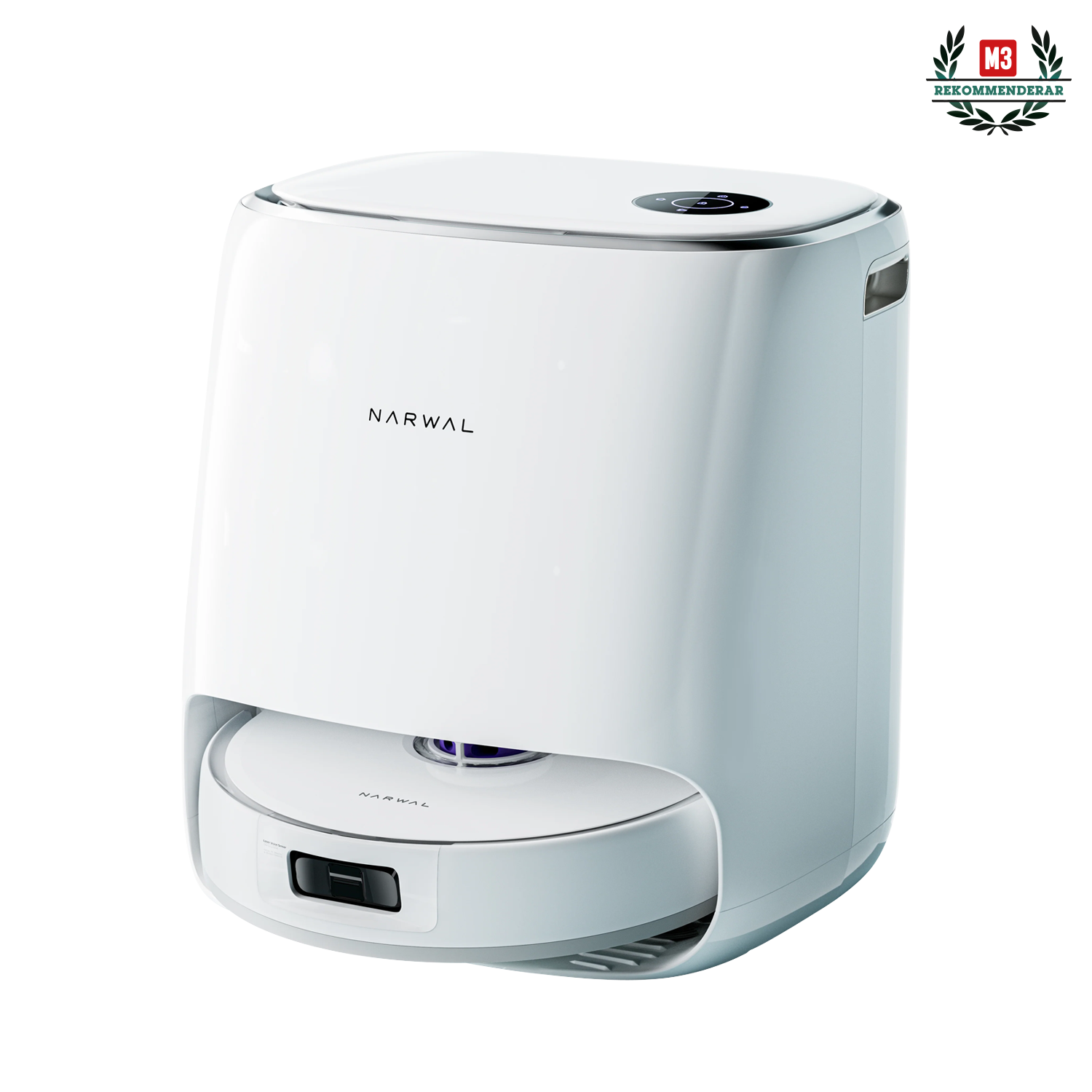 Narwal Freo X Ultra robotdammsugare med 8200 Pa sugkraft och självrengörande station, rekommenderad av M3 för effektiv golvrengöring.